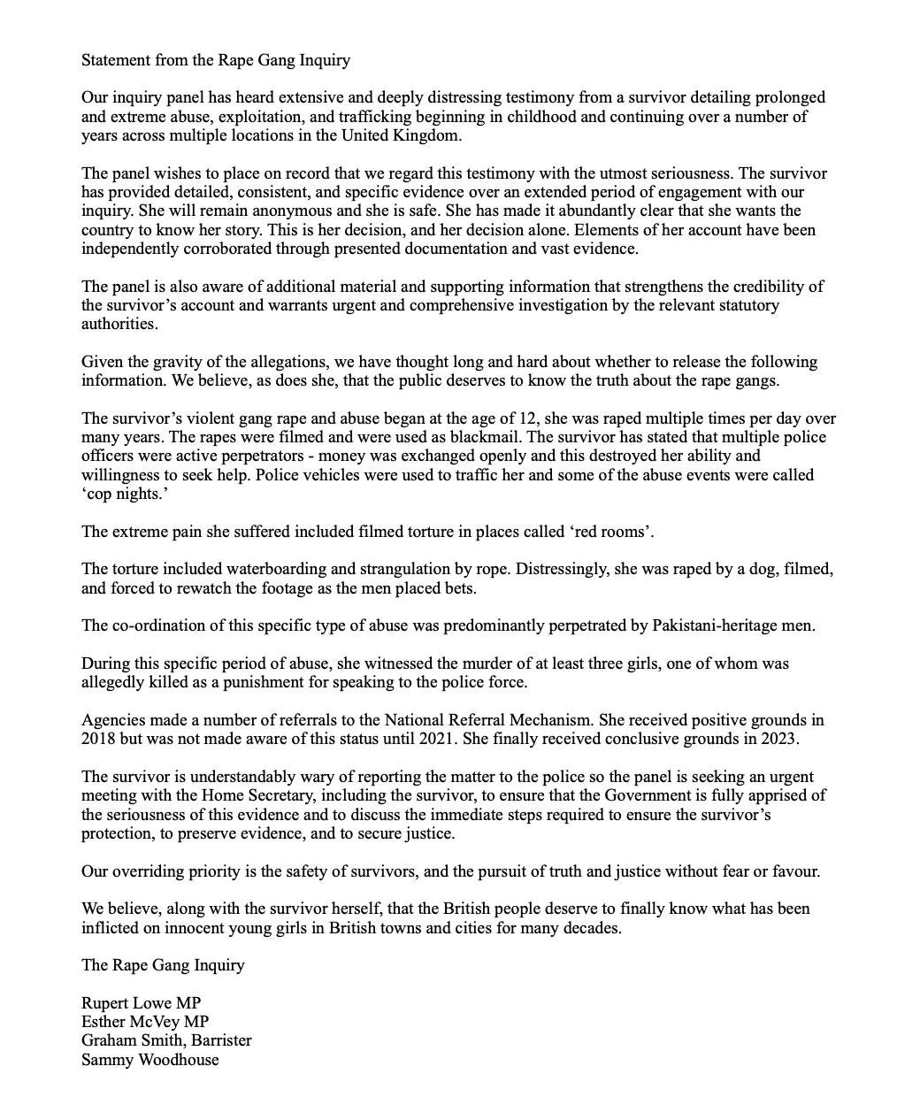 Statement from the Rape Gang Inquiry, signed by Rupert Lowe MP, Esther McVey MP, Graham Smith Barrister, and Sammy Woodhouse